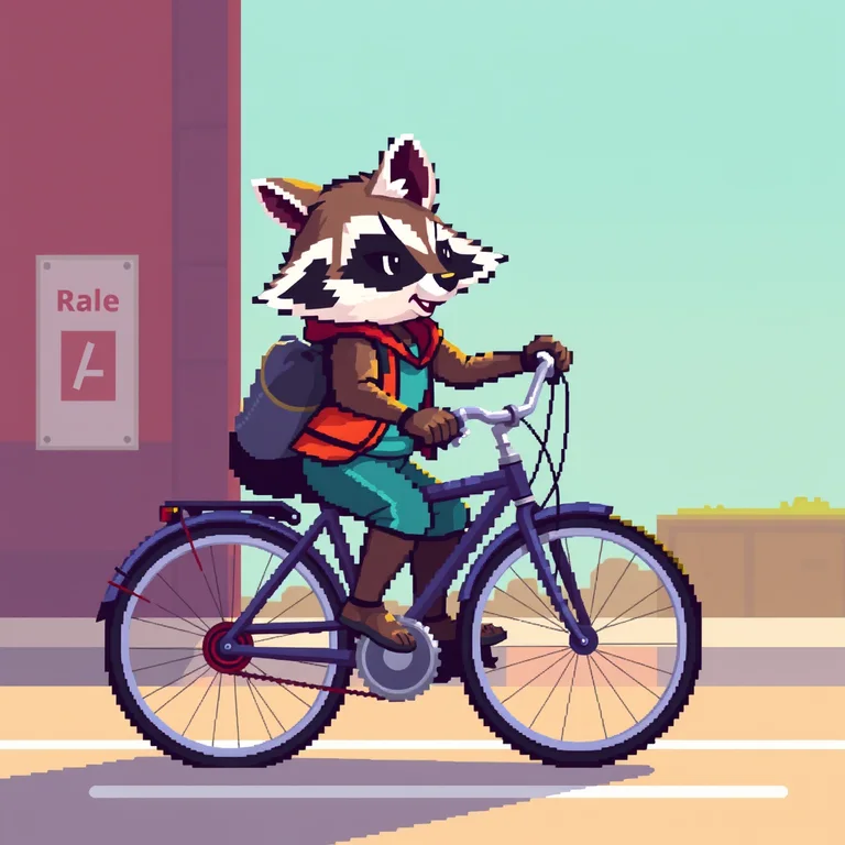 Raccoon courier: 16-bit pixel art game sprite of a raccoon bicycle courier, bright arcade palette, determined mood, crisp rim lighting, side-view character composition