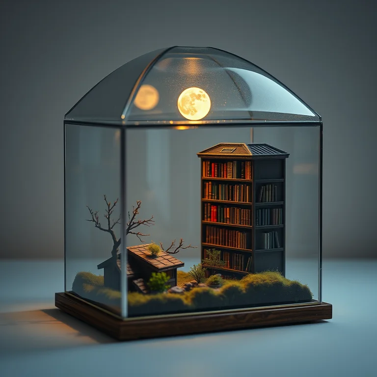 Terrarium library: a miniature glass terrarium containing a moonlit library, precise architectural photography, quiet atmosphere, soft practical lighting, centered composition